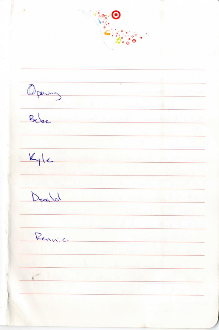 Handwritten rehearsal notes for No Boundaries performance